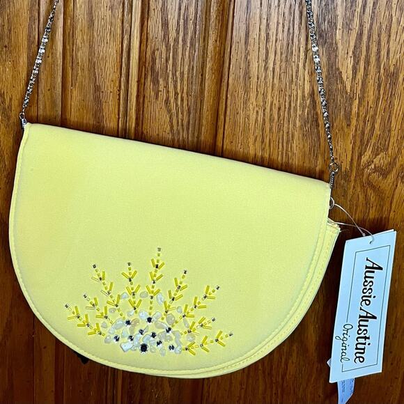 Aussie Austine Original Yellow Half Moon Crystal, Bead, and Shell Bag w/ Chain - Picture 1 of 8